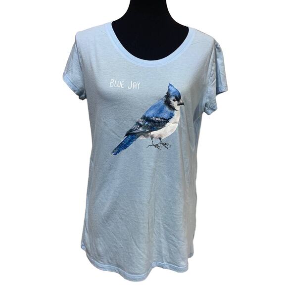 Wingspan Inspired Womens XL Watercolor Blue Jay Bird Hand Printed Upcycled Tee - Picture 1 of 4